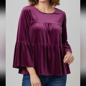 La Roque Velvet Tiered Bell Sleeve Top‎ Berry